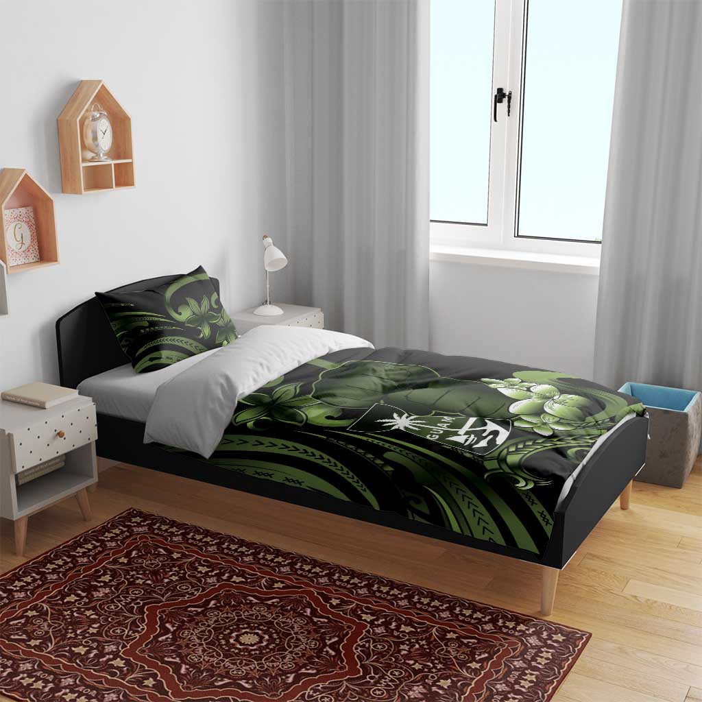 Green Hafa Adai Guam Bedding Set Chamorro Latte Stone Hand With Plumeria