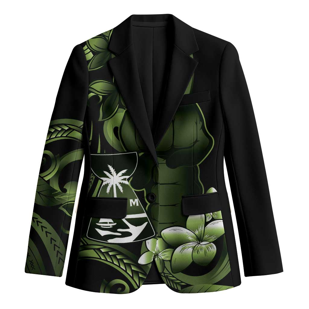 Green Hafa Adai Guam Blazer Chamorro Latte Stone Hand With Plumeria - Polynesian Pride