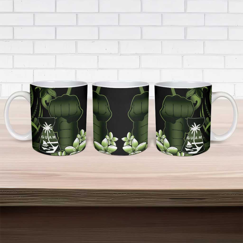 Green Hafa Adai Guam Ceramic Mug Chamorro Latte Stone Hand With Plumeria - Polynesian Pride