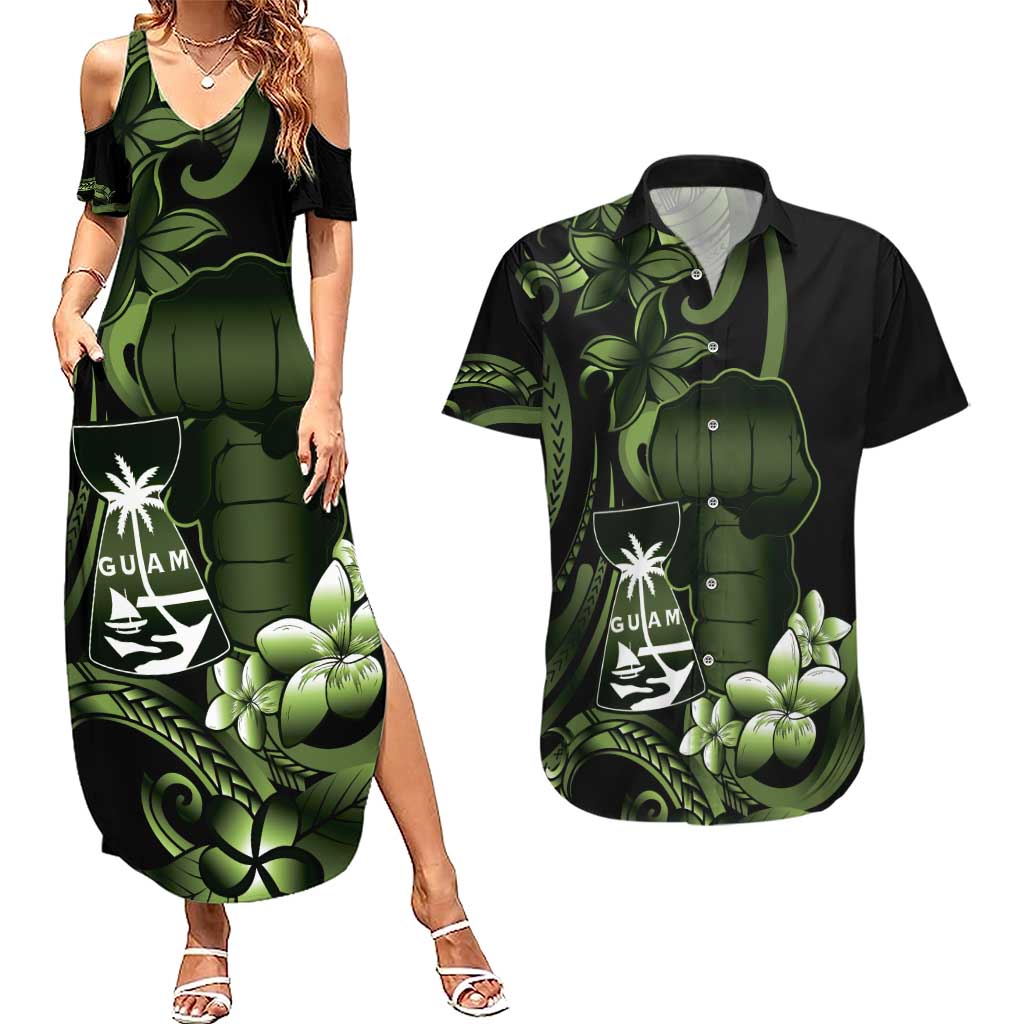 Green Hafa Adai Guam Couples Matching Summer Maxi Dress and Hawaiian Shirt Chamorro Latte Stone Hand With Plumeria