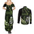 Green Hafa Adai Guam Couples Matching Summer Maxi Dress and Long Sleeve Button Shirt Chamorro Latte Stone Hand With Plumeria
