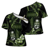 Green Hafa Adai Guam Cross Shoulder Shirt Chamorro Latte Stone Hand With Plumeria - Polynesian Pride
