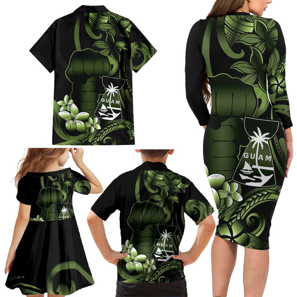 Green Hafa Adai Guam Family Matching Long Sleeve Bodycon Dress and Hawaiian Shirt Chamorro Latte Stone Hand With Plumeria LT14 - Polynesian Pride