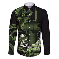 Green Hafa Adai Guam Family Matching Long Sleeve Bodycon Dress and Hawaiian Shirt Chamorro Latte Stone Hand With Plumeria LT14 Dad's Shirt - Long Sleeve Green - Polynesian Pride