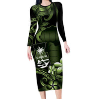 Green Hafa Adai Guam Family Matching Long Sleeve Bodycon Dress and Hawaiian Shirt Chamorro Latte Stone Hand With Plumeria LT14 Mom's Dress Green - Polynesian Pride