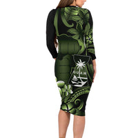 Green Hafa Adai Guam Family Matching Long Sleeve Bodycon Dress and Hawaiian Shirt Chamorro Latte Stone Hand With Plumeria LT14 - Polynesian Pride