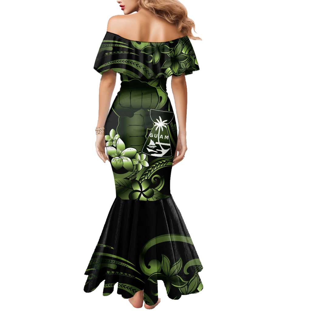 Green Hafa Adai Guam Family Matching Mermaid Dress and Hawaiian Shirt Chamorro Latte Stone Hand With Plumeria LT14 - Polynesian Pride