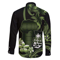 Green Hafa Adai Guam Family Matching Off The Shoulder Long Sleeve Dress and Hawaiian Shirt Chamorro Latte Stone Hand With Plumeria