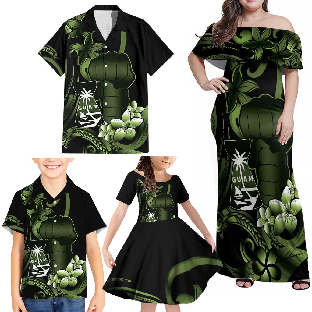 Green Hafa Adai Guam Family Matching Off Shoulder Maxi Dress and Hawaiian Shirt Chamorro Latte Stone Hand With Plumeria