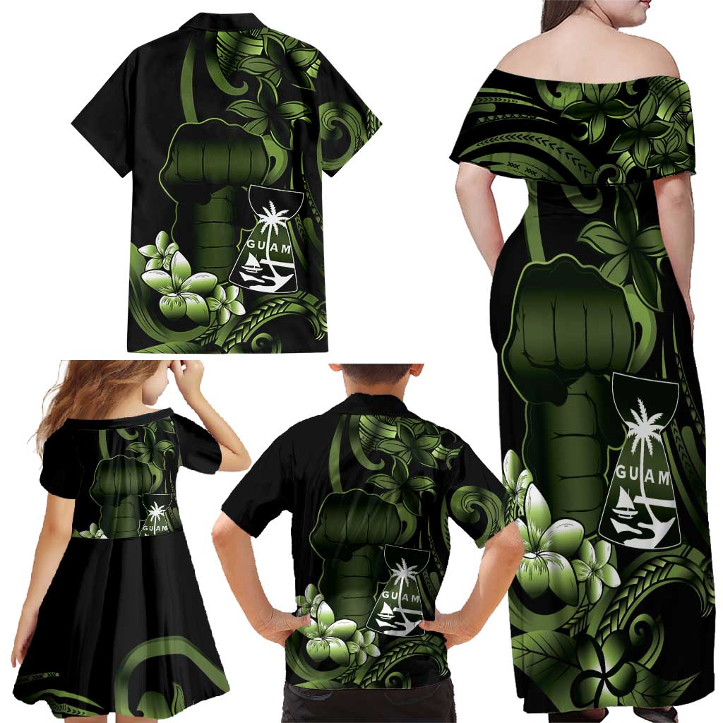 Green Hafa Adai Guam Family Matching Off Shoulder Maxi Dress and Hawaiian Shirt Chamorro Latte Stone Hand With Plumeria