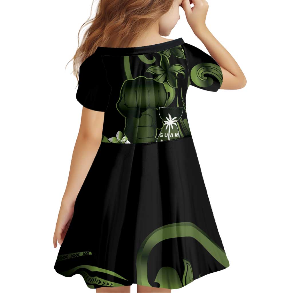 Green Hafa Adai Guam Family Matching Off Shoulder Short Dress and Hawaiian Shirt Chamorro Latte Stone Hand With Plumeria