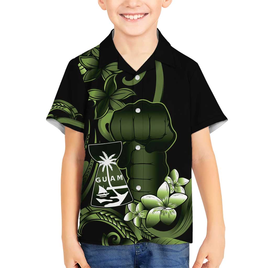 Green Hafa Adai Guam Family Matching Off Shoulder Short Dress and Hawaiian Shirt Chamorro Latte Stone Hand With Plumeria