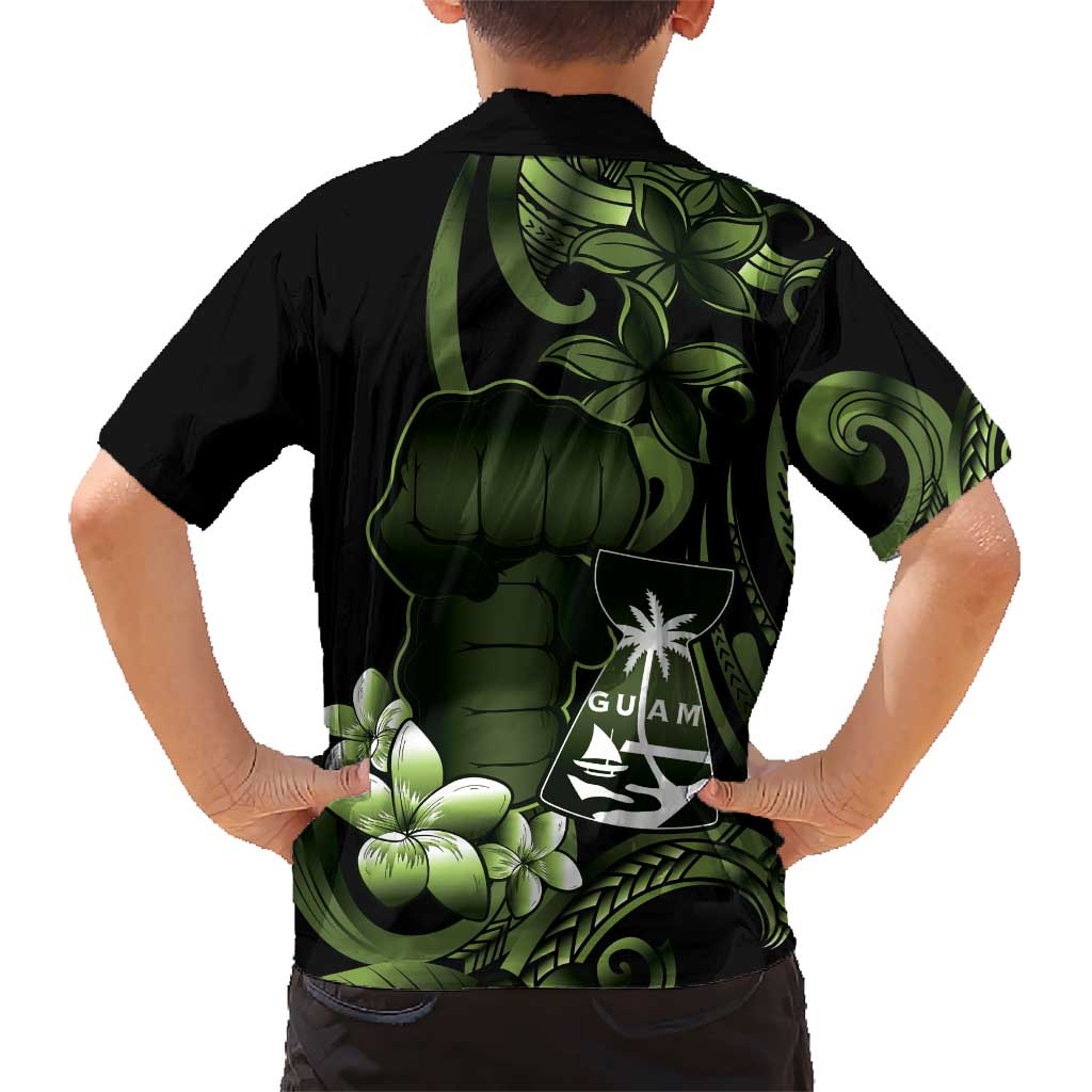 Green Hafa Adai Guam Family Matching Short Sleeve Bodycon Dress and Hawaiian Shirt Chamorro Latte Stone Hand With Plumeria LT14 - Polynesian Pride