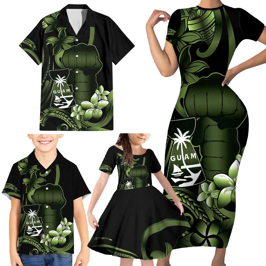 Green Hafa Adai Guam Family Matching Short Sleeve Bodycon Dress and Hawaiian Shirt Chamorro Latte Stone Hand With Plumeria LT14 - Polynesian Pride