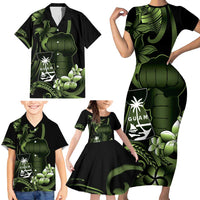 Green Hafa Adai Guam Family Matching Short Sleeve Bodycon Dress and Hawaiian Shirt Chamorro Latte Stone Hand With Plumeria LT14 - Polynesian Pride