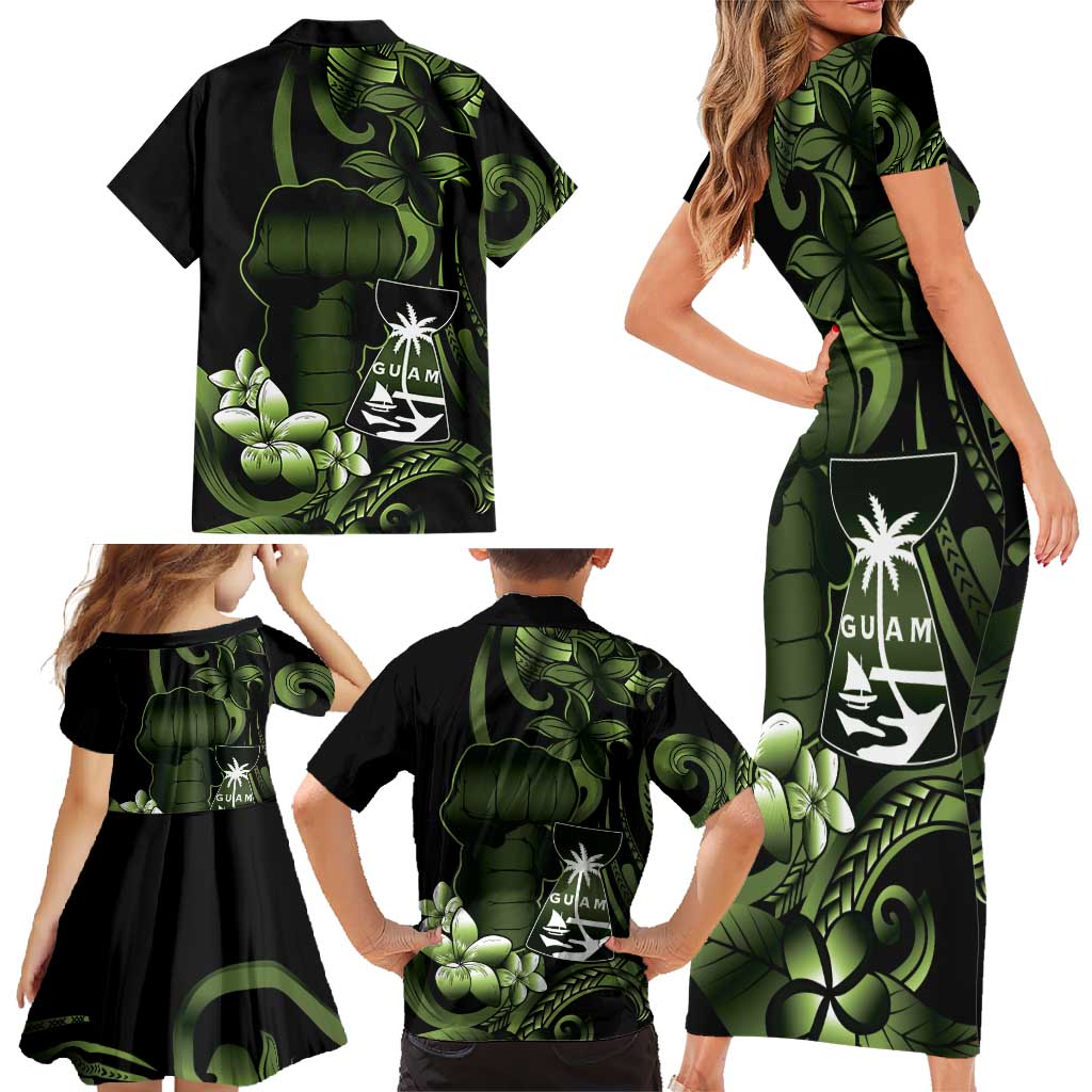 Green Hafa Adai Guam Family Matching Short Sleeve Bodycon Dress and Hawaiian Shirt Chamorro Latte Stone Hand With Plumeria LT14 - Polynesian Pride