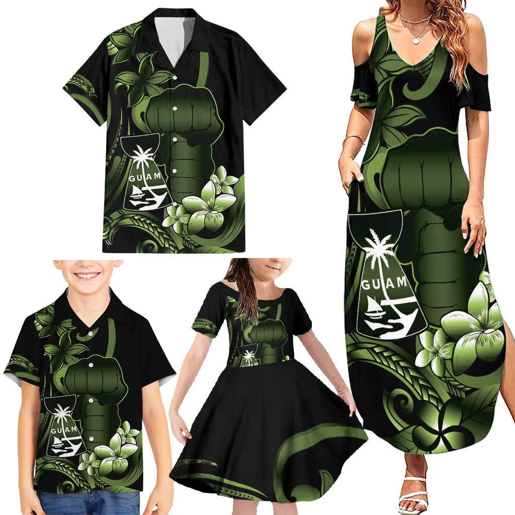 Green Hafa Adai Guam Family Matching Summer Maxi Dress and Hawaiian Shirt Chamorro Latte Stone Hand With Plumeria LT14 - Polynesian Pride