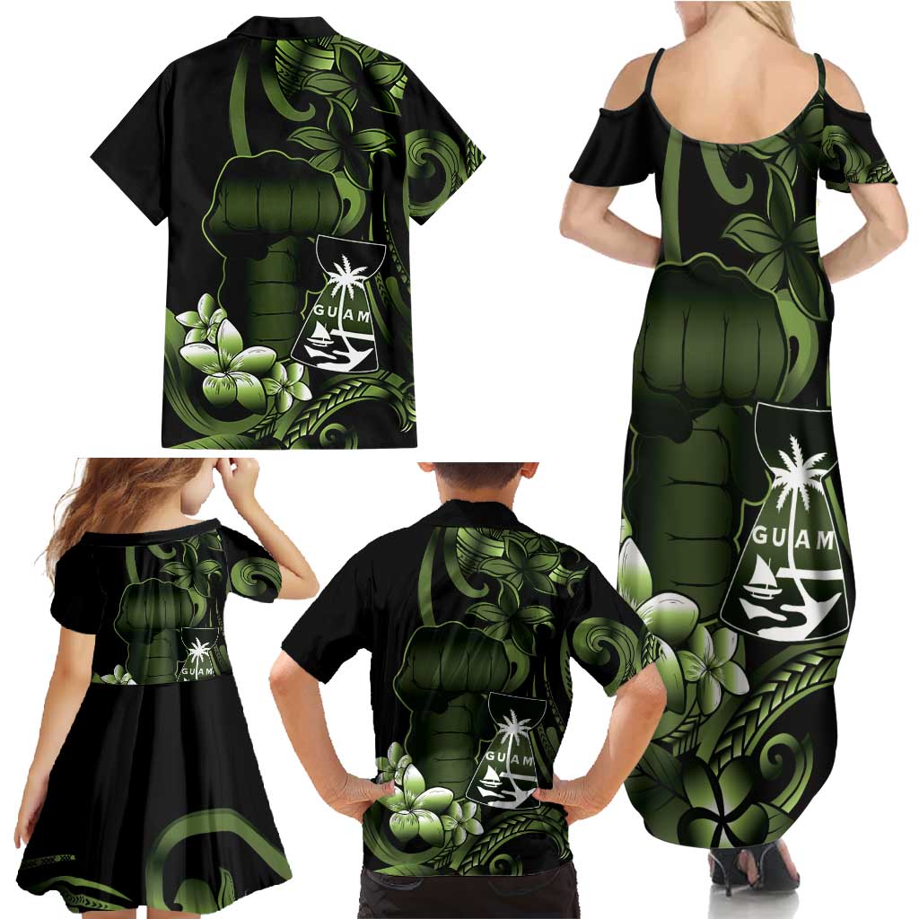 Green Hafa Adai Guam Family Matching Summer Maxi Dress and Hawaiian Shirt Chamorro Latte Stone Hand With Plumeria LT14 - Polynesian Pride