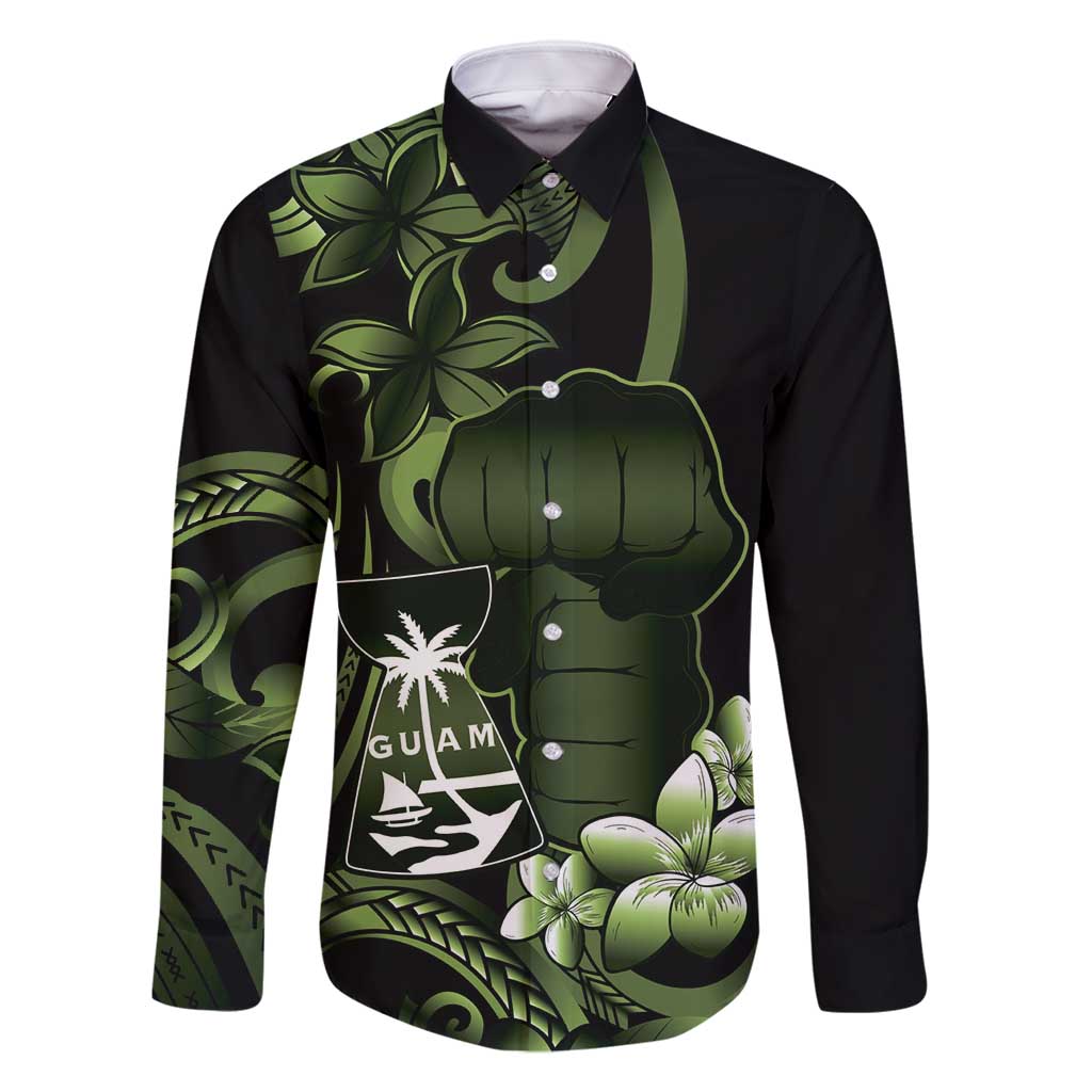 Green Hafa Adai Guam Family Matching Summer Maxi Dress and Hawaiian Shirt Chamorro Latte Stone Hand With Plumeria LT14 Dad's Shirt - Long Sleeve Green - Polynesian Pride