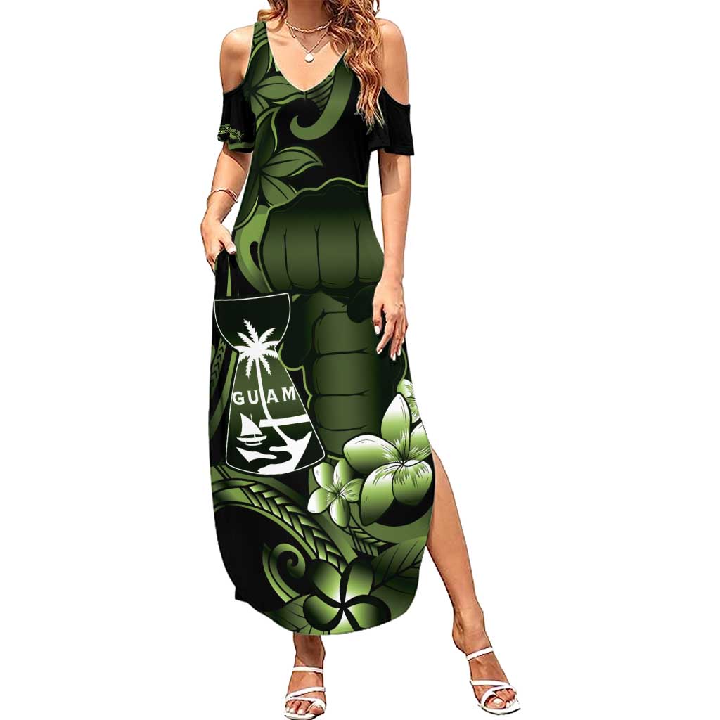 Green Hafa Adai Guam Family Matching Summer Maxi Dress and Hawaiian Shirt Chamorro Latte Stone Hand With Plumeria LT14 Mom's Dress Green - Polynesian Pride