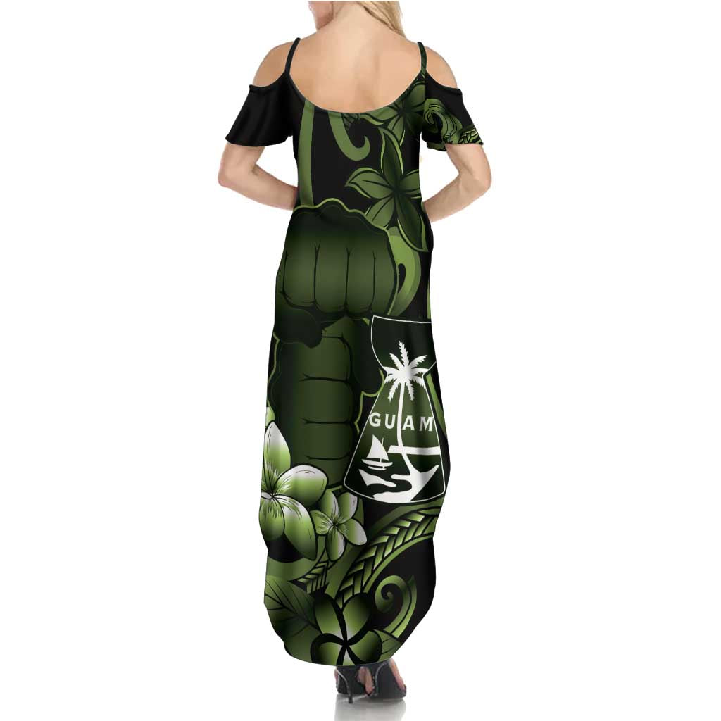 Green Hafa Adai Guam Family Matching Summer Maxi Dress and Hawaiian Shirt Chamorro Latte Stone Hand With Plumeria LT14 - Polynesian Pride