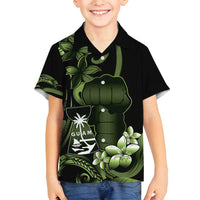 Green Hafa Adai Guam Family Matching Summer Maxi Dress and Hawaiian Shirt Chamorro Latte Stone Hand With Plumeria LT14 Son's Shirt Green - Polynesian Pride