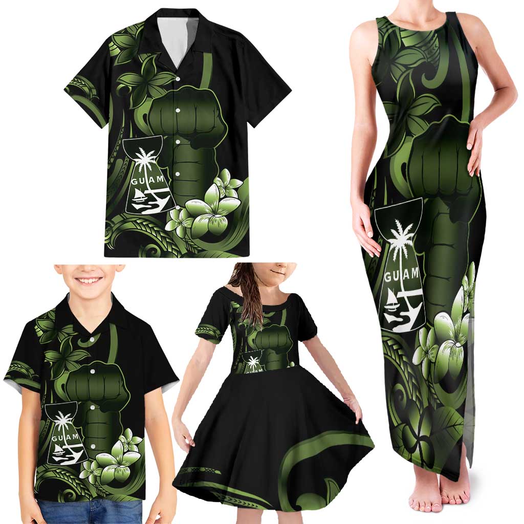 Green Hafa Adai Guam Family Matching Tank Maxi Dress and Hawaiian Shirt Chamorro Latte Stone Hand With Plumeria