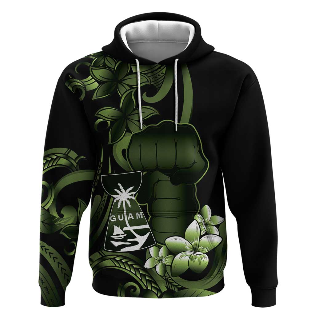Green Hafa Adai Guam Hoodie Chamorro Latte Stone Hand With Plumeria