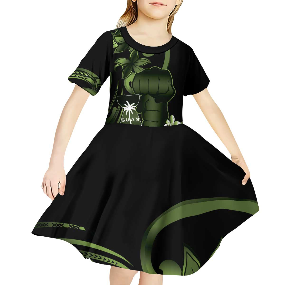 Green Hafa Adai Guam Kid Short Sleeve Dress Chamorro Latte Stone Hand With Plumeria