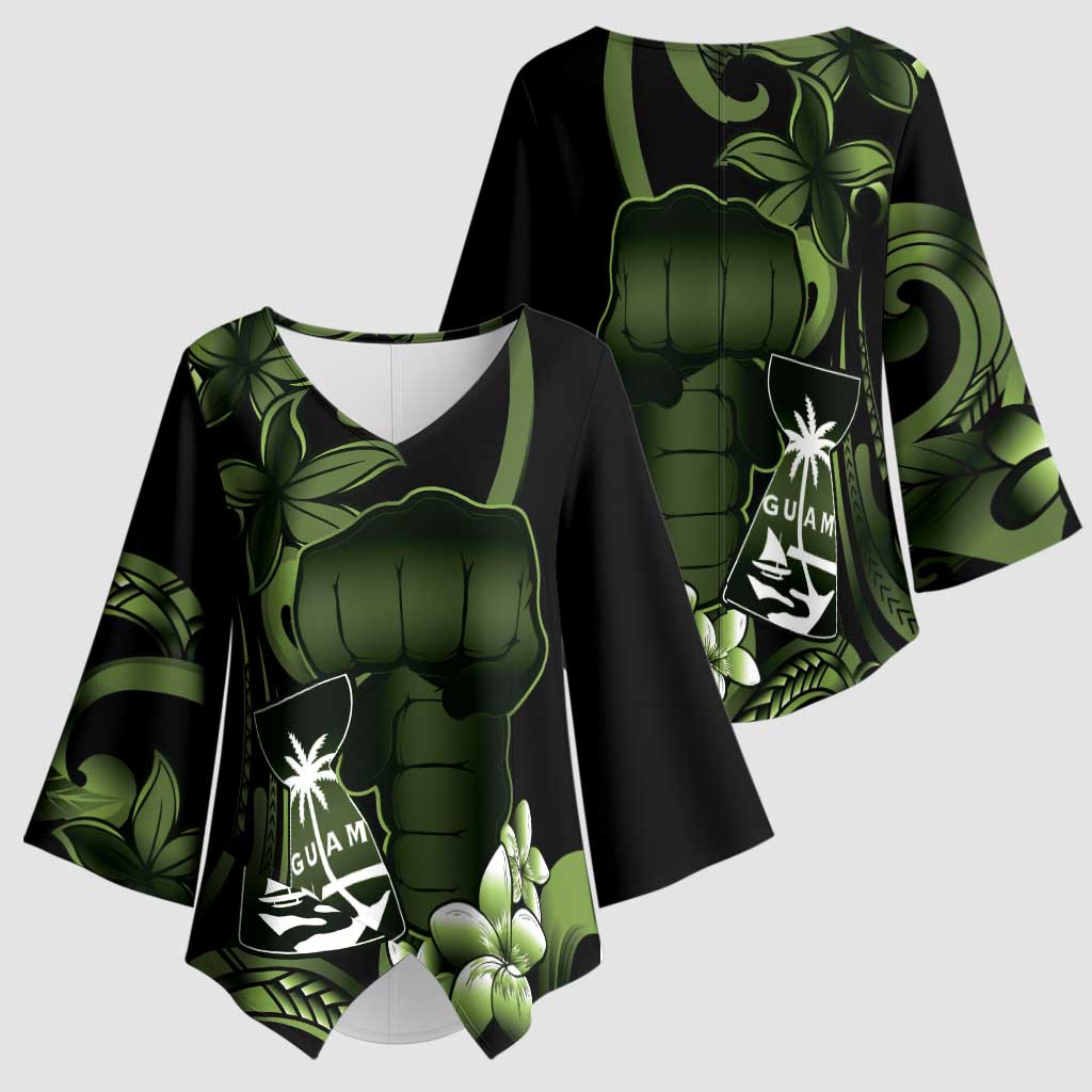 Green Hafa Adai Guam Kimono Sleeve Blouse Chamorro Latte Stone Hand With Plumeria - Polynesian Pride