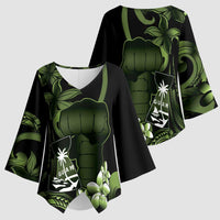 Green Hafa Adai Guam Kimono Sleeve Blouse Chamorro Latte Stone Hand With Plumeria - Polynesian Pride