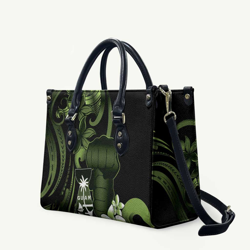 Green Hafa Adai Guam Leather Bag Chamorro Latte Stone Hand With Plumeria - Polynesian Pride