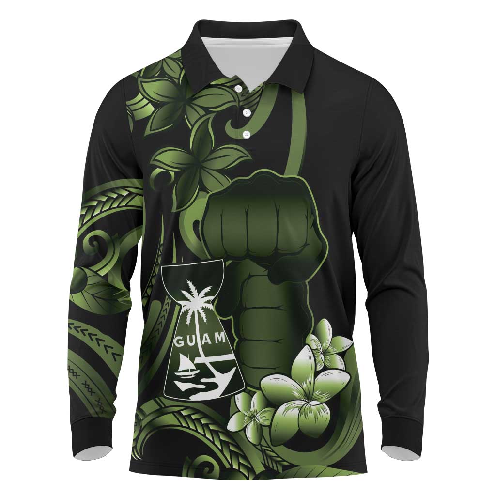 Green Hafa Adai Guam Long Sleeve Polo Shirt Chamorro Latte Stone Hand With Plumeria