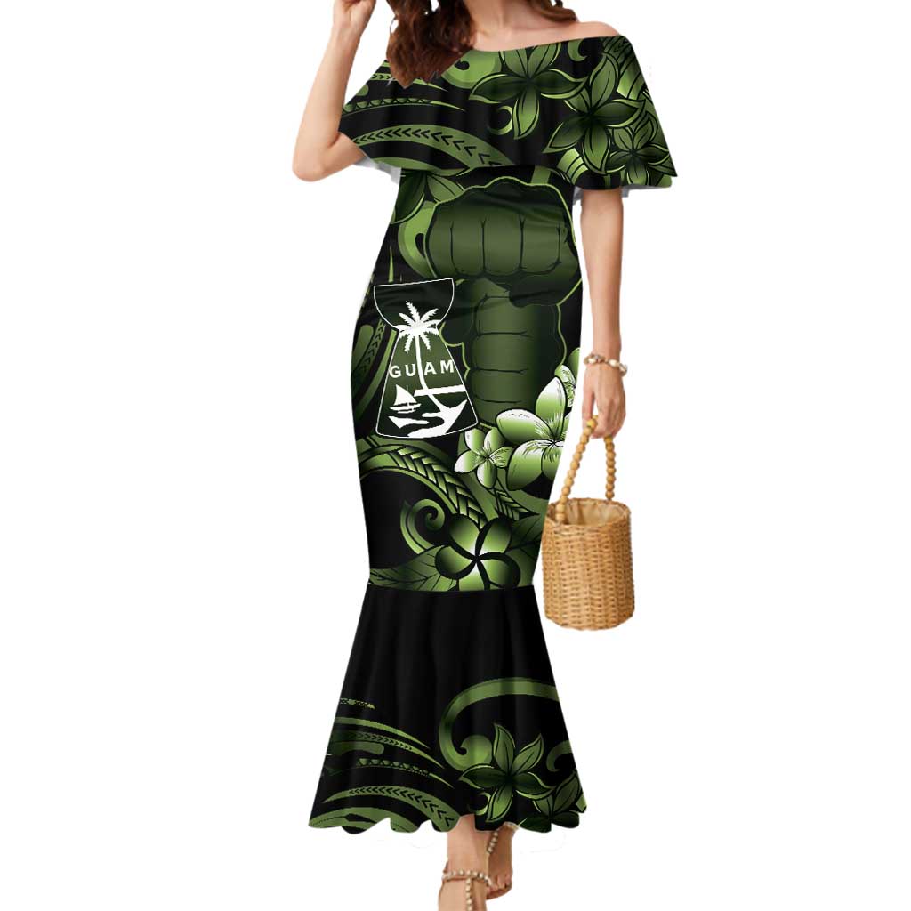 Green Hafa Adai Guam Mermaid Dress Chamorro Latte Stone Hand With Plumeria