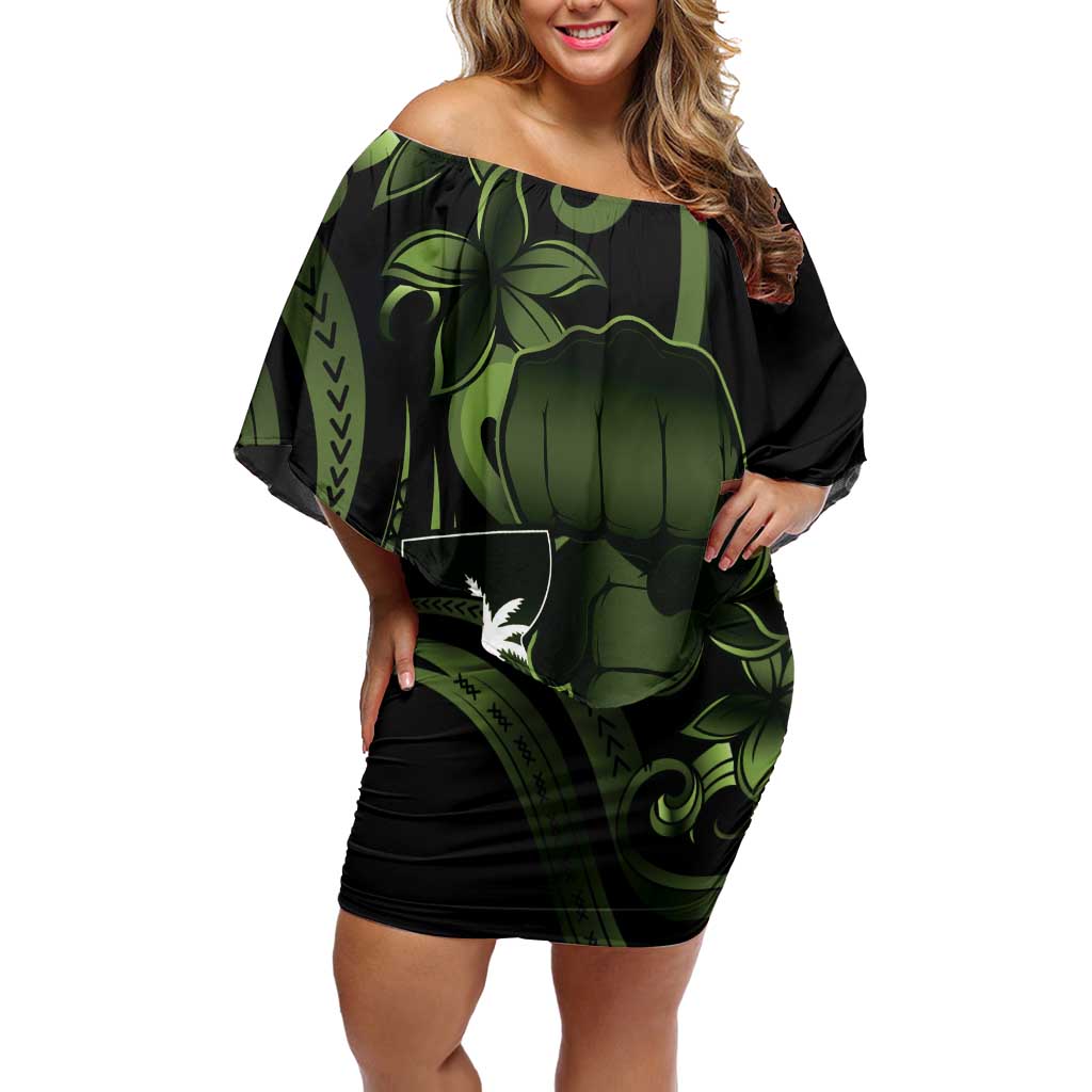 Green Hafa Adai Guam Off Shoulder Short Dress Chamorro Latte Stone Hand With Plumeria