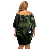 Green Hafa Adai Guam Off Shoulder Short Dress Chamorro Latte Stone Hand With Plumeria