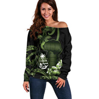 Green Hafa Adai Guam Off Shoulder Sweater Chamorro Latte Stone Hand With Plumeria