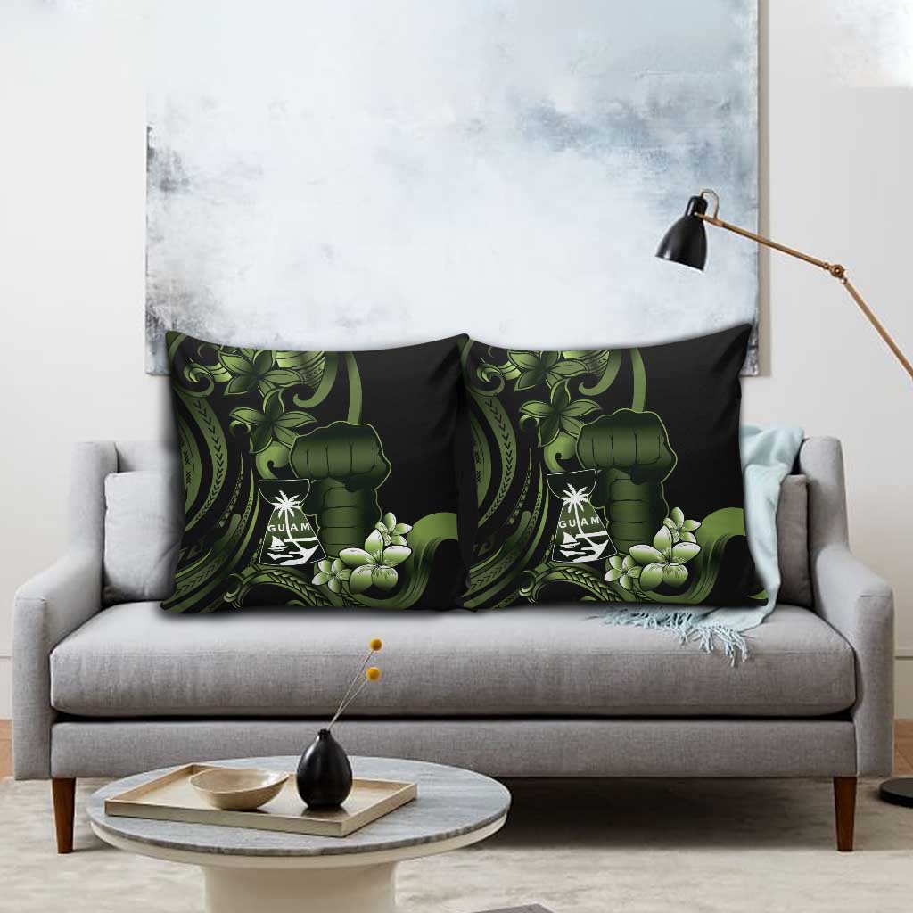 Green Hafa Adai Guam Pillow Cover Chamorro Latte Stone Hand With Plumeria - Polynesian Pride