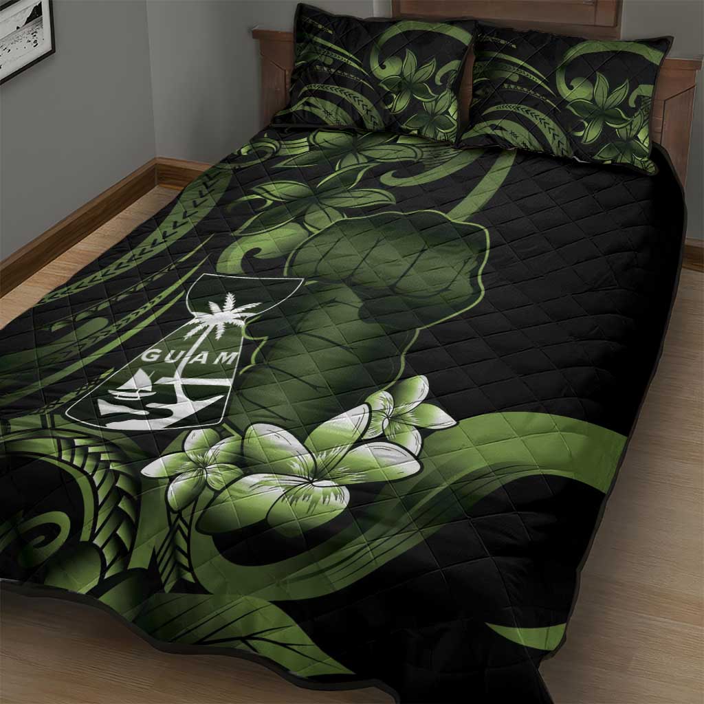 Green Hafa Adai Guam Quilt Bed Set Chamorro Latte Stone Hand With Plumeria