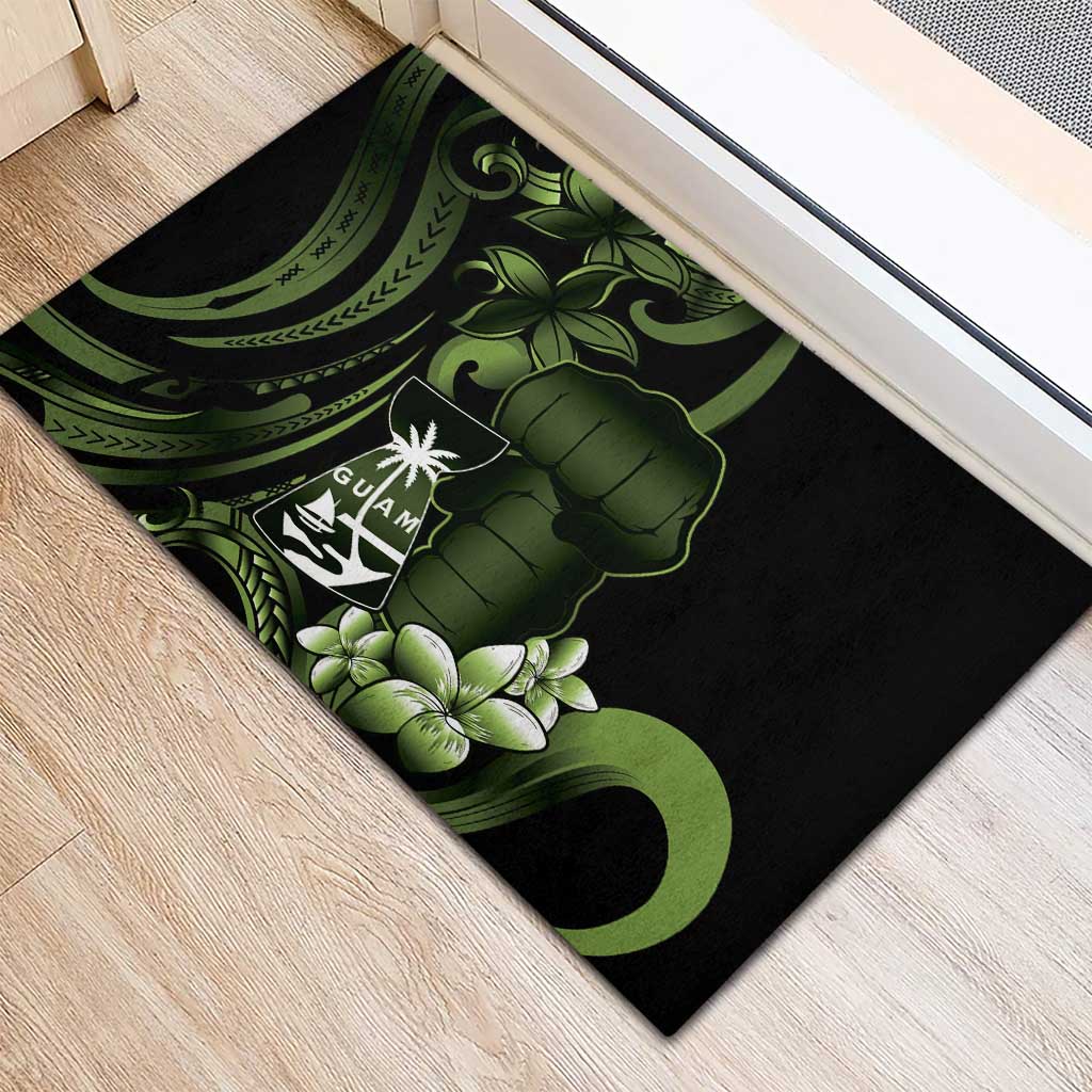Green Hafa Adai Guam Rubber Doormat Chamorro Latte Stone Hand With Plumeria
