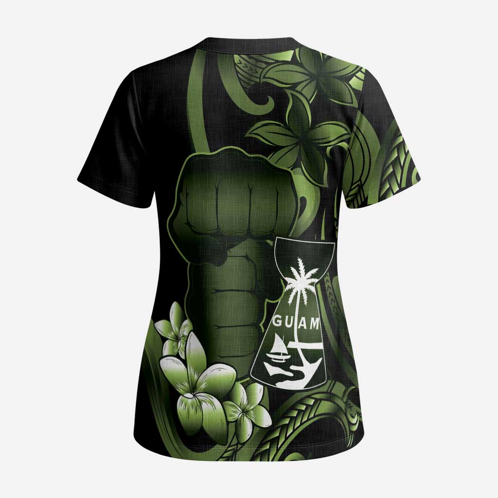 Green Hafa Adai Guam Scrub Top Chamorro Latte Stone Hand With Plumeria - Polynesian Pride