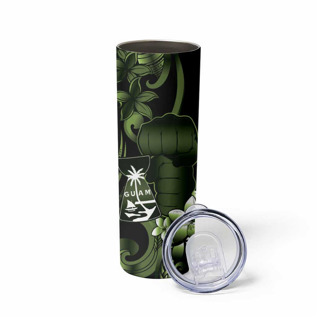 Green Hafa Adai Guam Skinny Tumbler Chamorro Latte Stone Hand With Plumeria