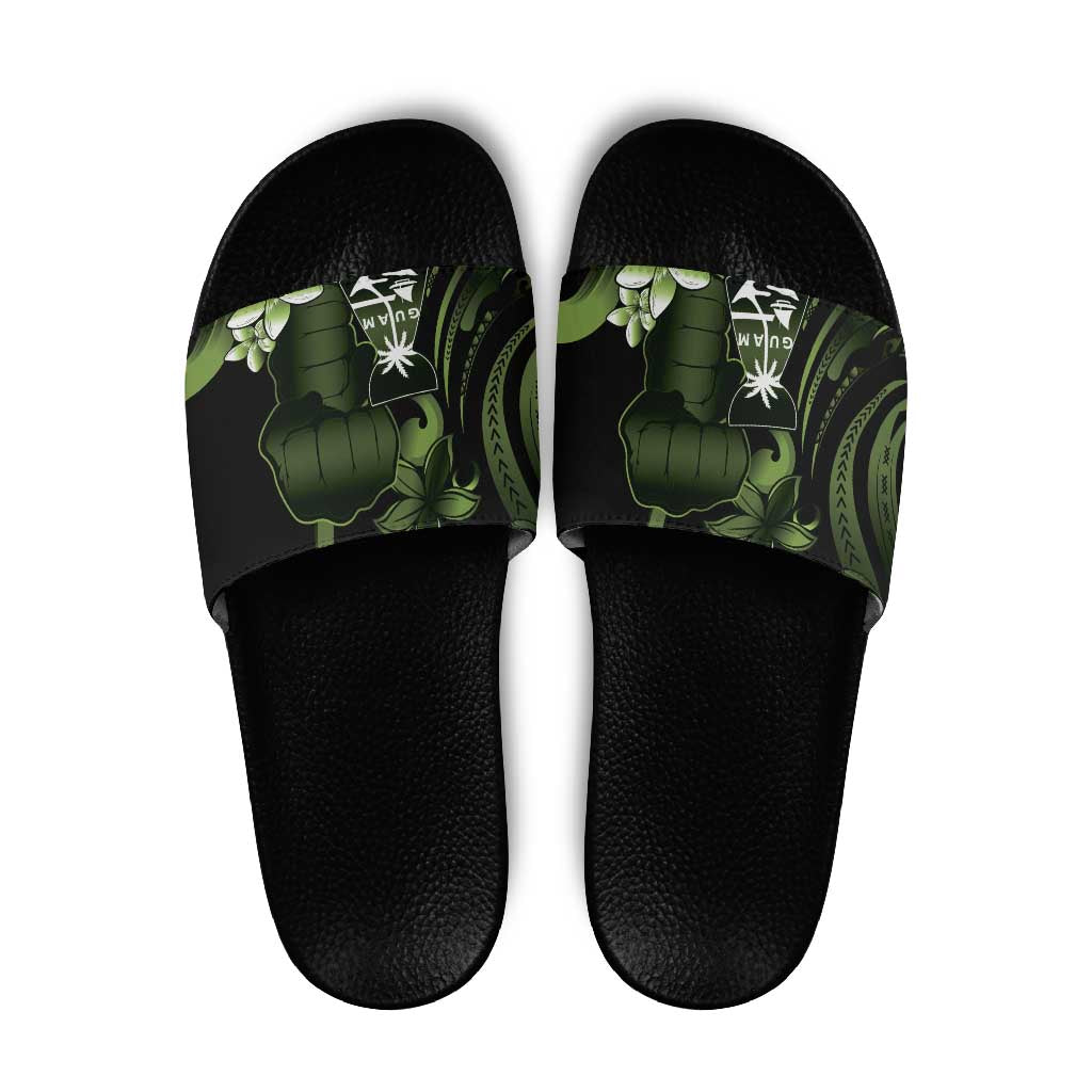 Green Hafa Adai Guam Slide Sandals Chamorro Latte Stone Hand With Plumeria - Polynesian Pride