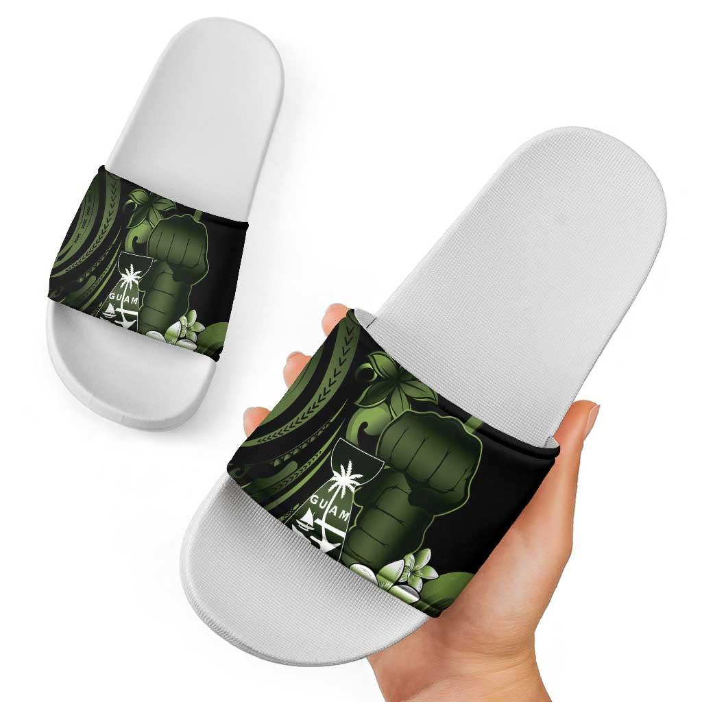 Green Hafa Adai Guam Slide Sandals Chamorro Latte Stone Hand With Plumeria - Polynesian Pride