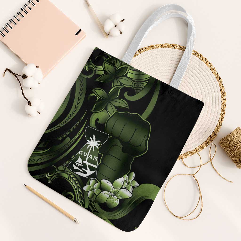 Green Hafa Adai Guam Tote Bag Chamorro Latte Stone Hand With Plumeria - Polynesian Pride