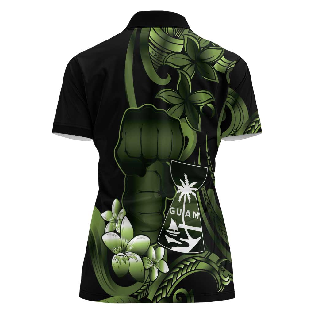 Green Hafa Adai Guam Women Polo Shirt Chamorro Latte Stone Hand With Plumeria