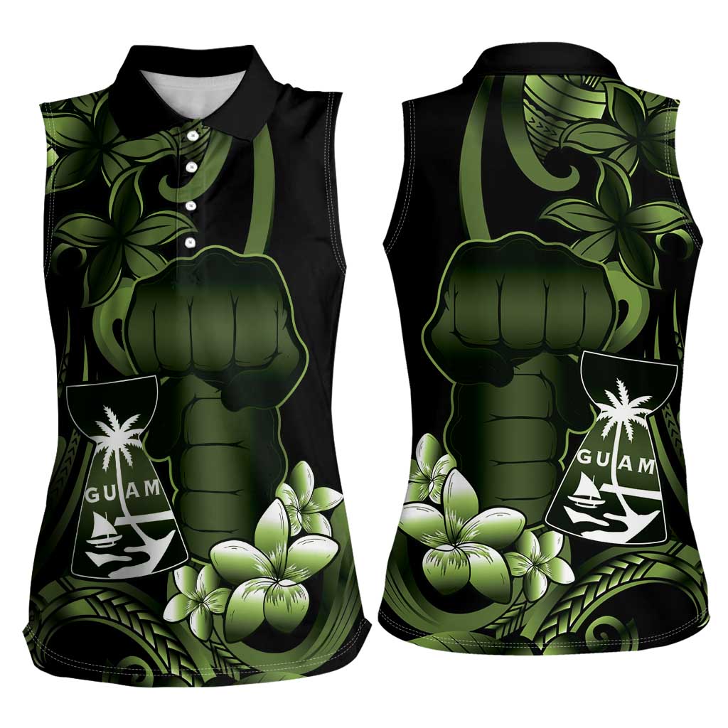 Green Hafa Adai Guam Women Sleeveless Polo Shirt Chamorro Latte Stone Hand With Plumeria