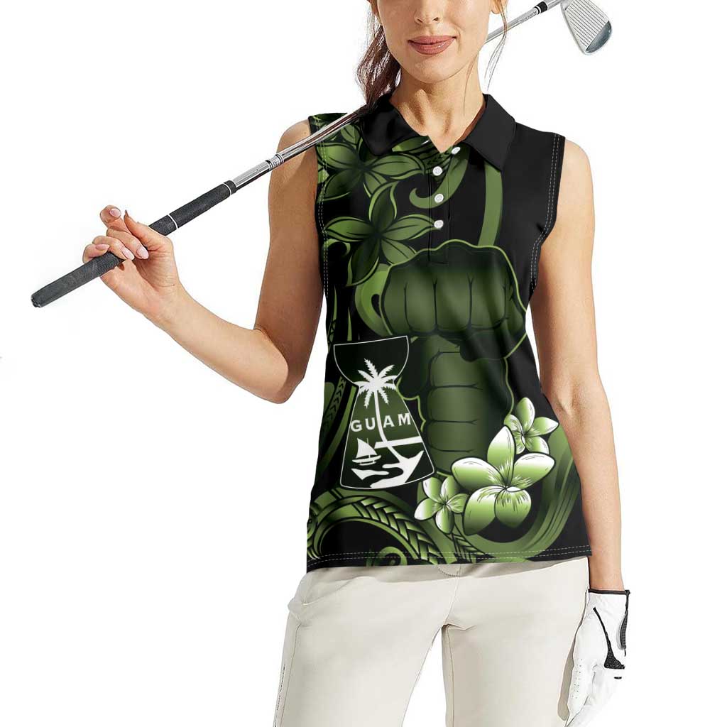 Green Hafa Adai Guam Women Sleeveless Polo Shirt Chamorro Latte Stone Hand With Plumeria