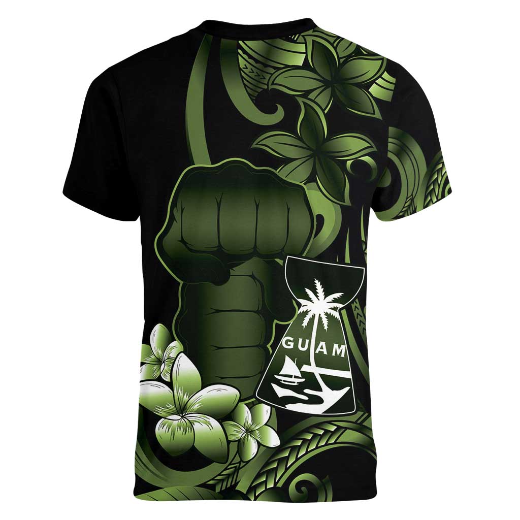 Green Hafa Adai Guam Women V-Neck T-Shirt Chamorro Latte Stone Hand With Plumeria