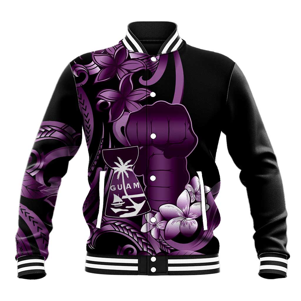 Purple Hafa Adai Guam Baseball Jacket Chamorro Latte Stone Hand With Plumeria